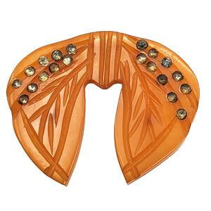 1930s Carved Baketlite Belt Buckle Rhinestone Accent Art Deco Butterscotch Clip